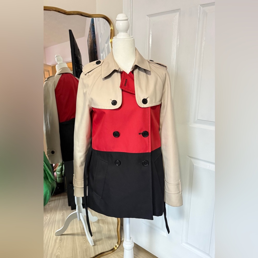 Coach Red, Black and Tan Colorblock Trench Coat Size Sm/Med